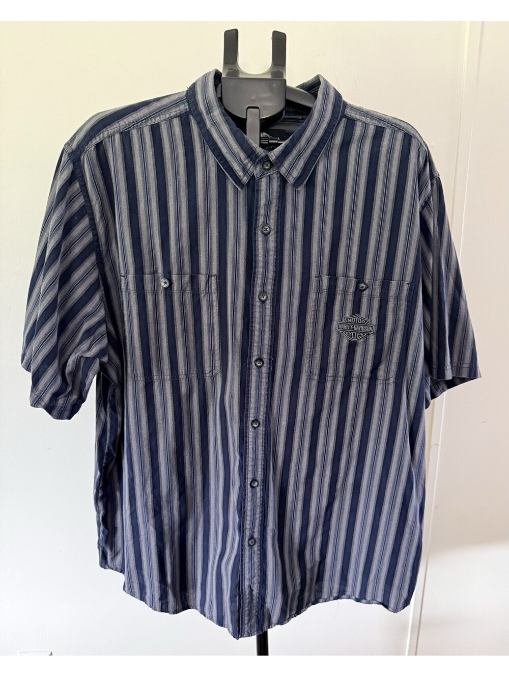 Harley Davidson Mens Button Up Short Sleeve Shirt Blue Striped Size 2X